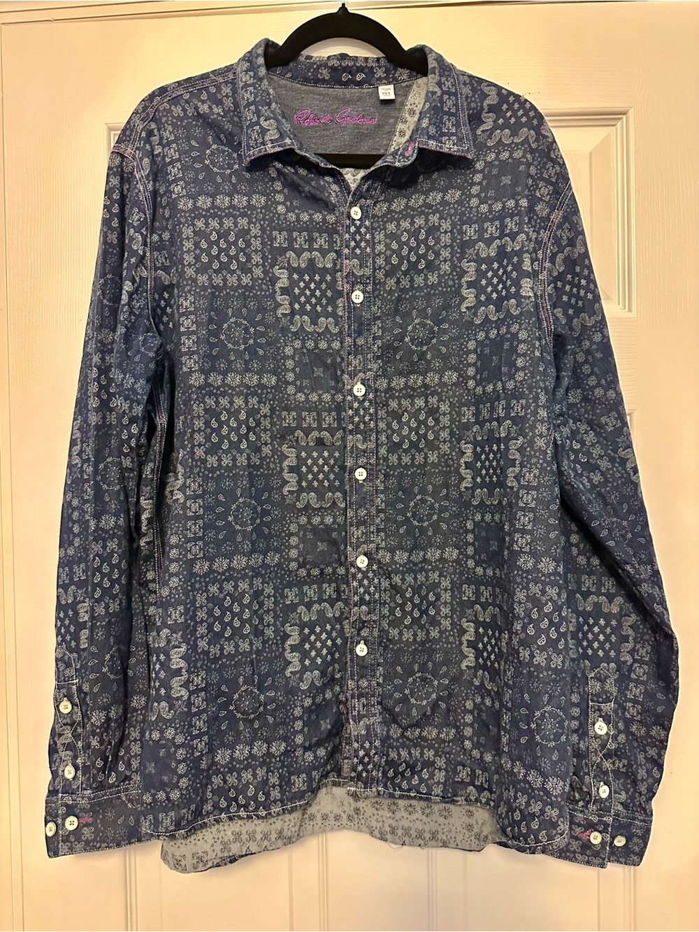 Robert Graham Blue Bandana Print Denim Button-Up Shirt - Size 2XL 100% Cotton